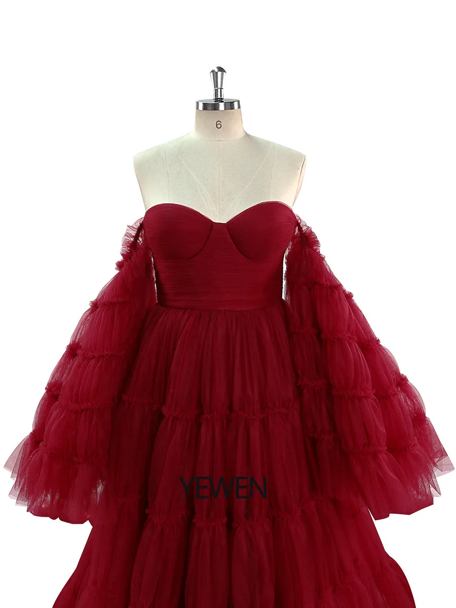 Burgundy Tulle Dress Long Big Skirt Maternity Gown for Baby Shower Photography Dresses YEWEN YW220825