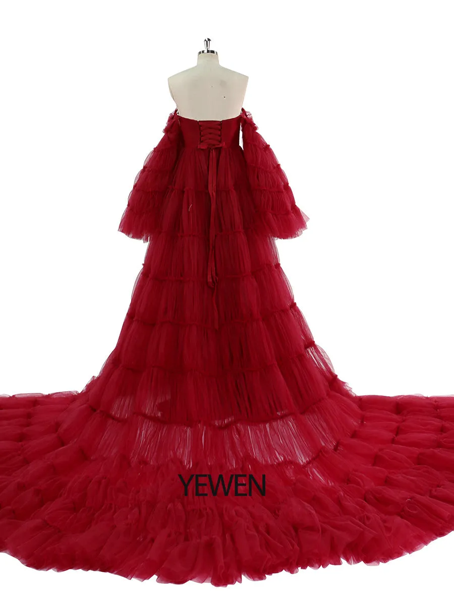 Burgundy Tulle Dress Long Big Skirt Maternity Gown for Baby Shower Photography Dresses YEWEN YW220825