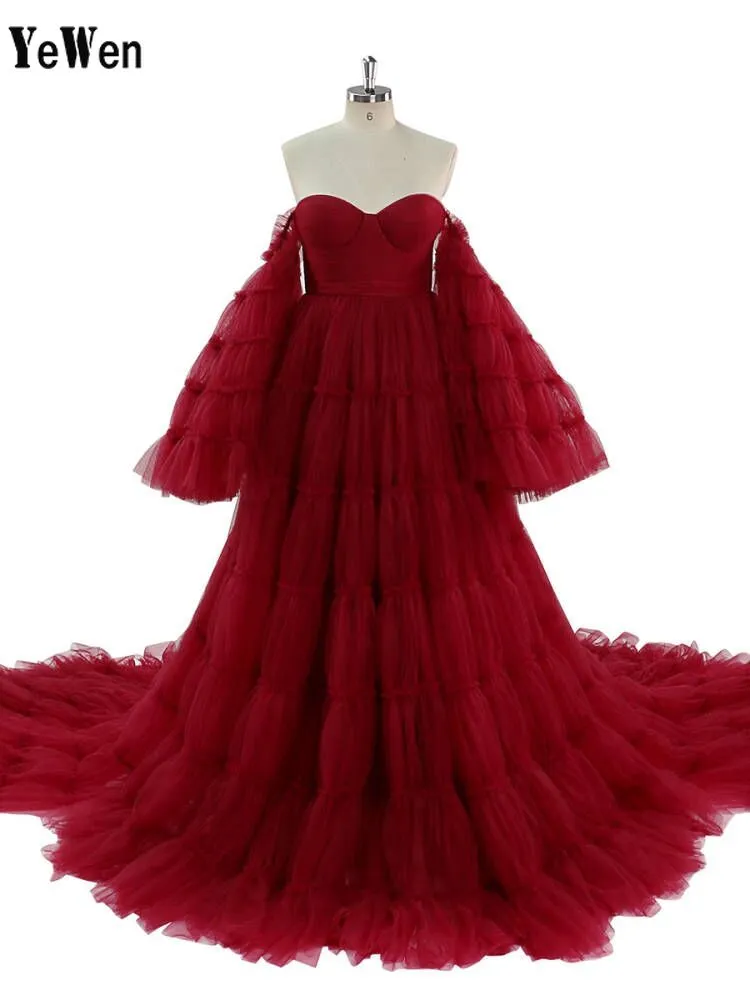 Burgundy Tulle Dress Long Big Skirt Maternity Gown for Baby Shower Photography Dresses YEWEN YW220825