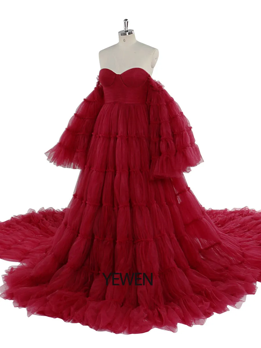 Burgundy Tulle Dress Long Big Skirt Maternity Gown for Baby Shower Photography Dresses YEWEN YW220825