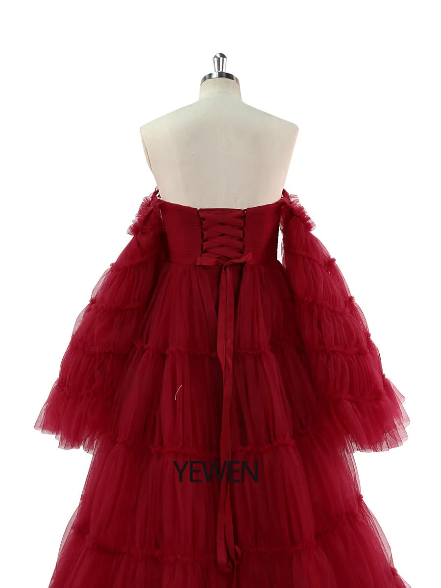 Burgundy Tulle Dress Long Big Skirt Maternity Gown for Baby Shower Photography Dresses YEWEN YW220825