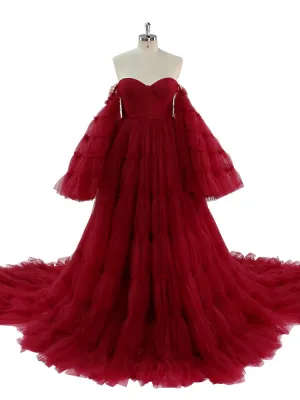 Burgundy Tulle Dress Long Big Skirt Maternity Gown for Baby Shower Photography Dresses YEWEN YW220825
