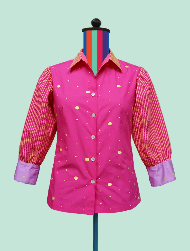 Button Front Shirt with Dots and Stripes