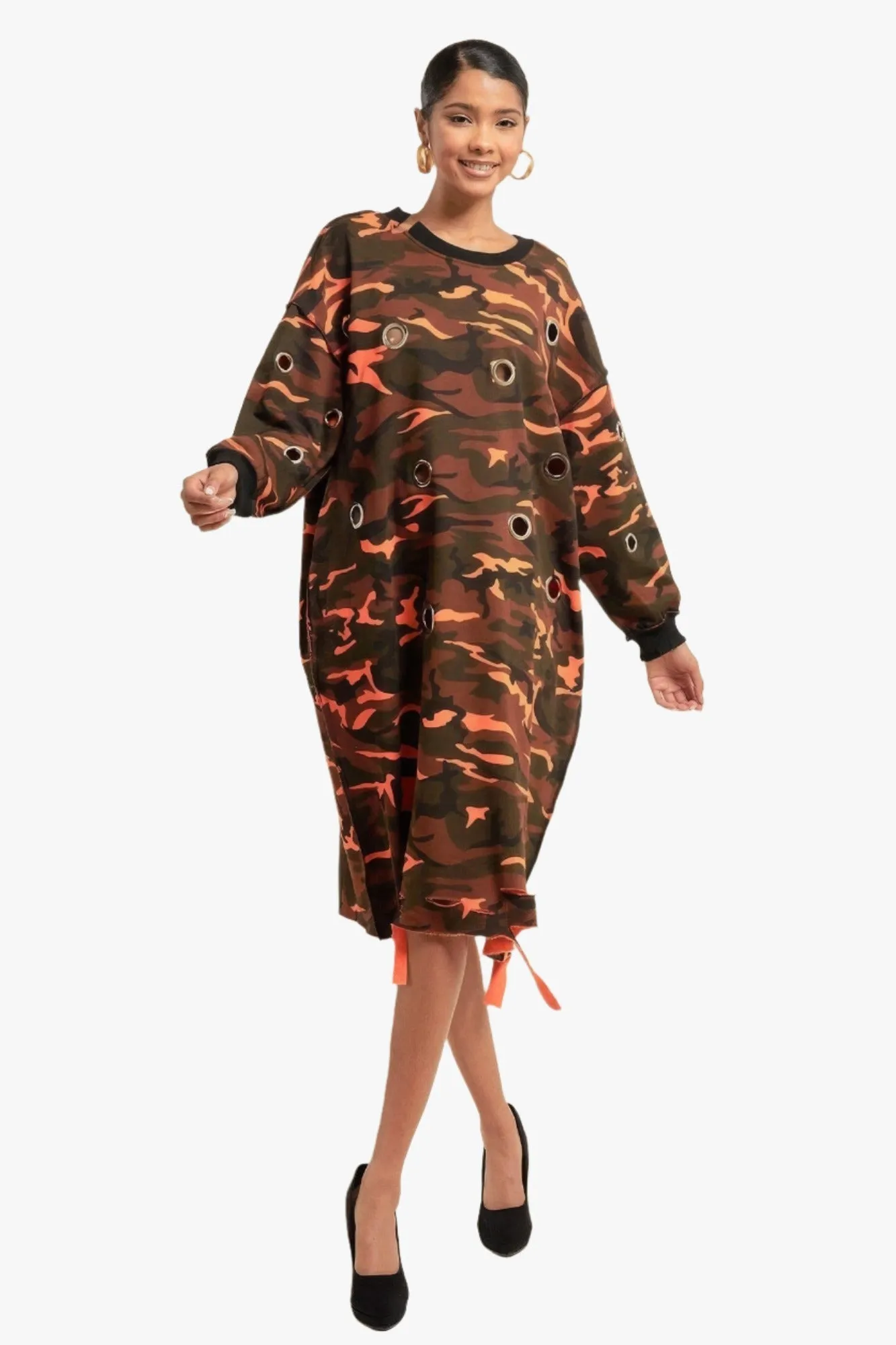 Camouflage Printed Midi Dress With Rings