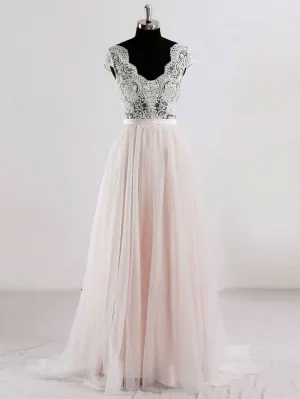 Cap Sleeves V Neck See Through A-line Cheap Wedding Dresses Online, WDY0211