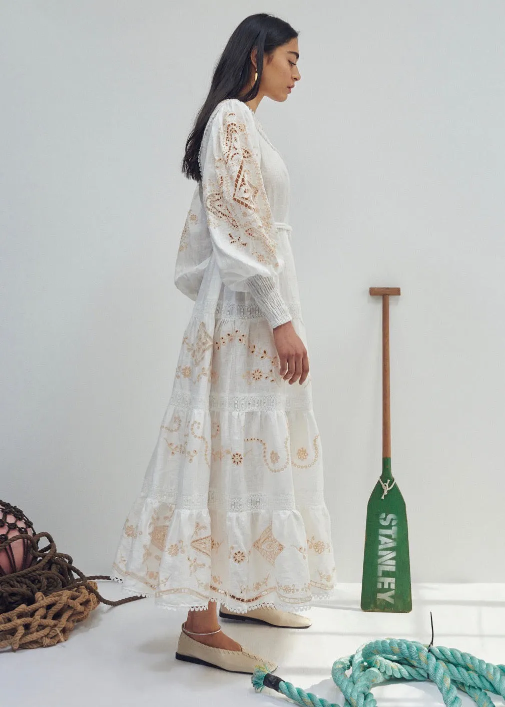 Cecilia Embroidered Midi Dress (Ivory)