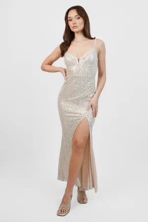 Champagne Sequin Maxi Dress with V Bone