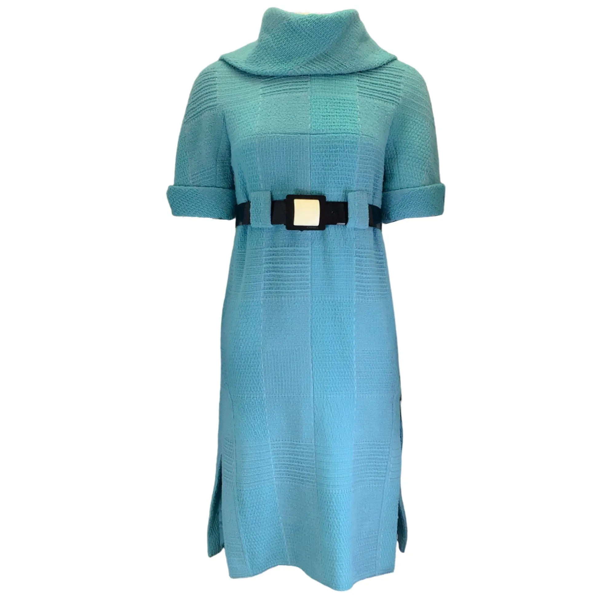 Chanel Teal Short Sleeved Belted Wool Tweed Dress