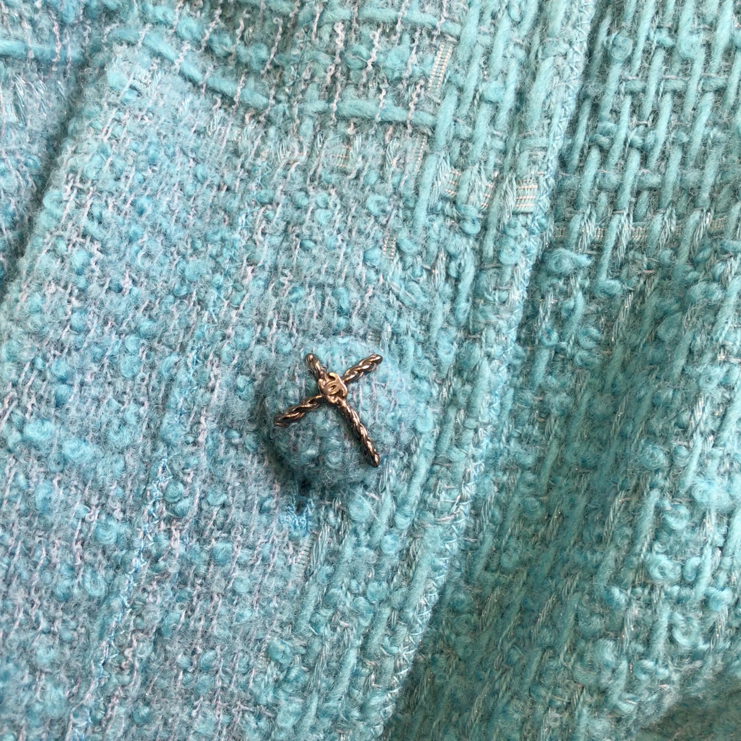 Chanel Teal Short Sleeved Belted Wool Tweed Dress