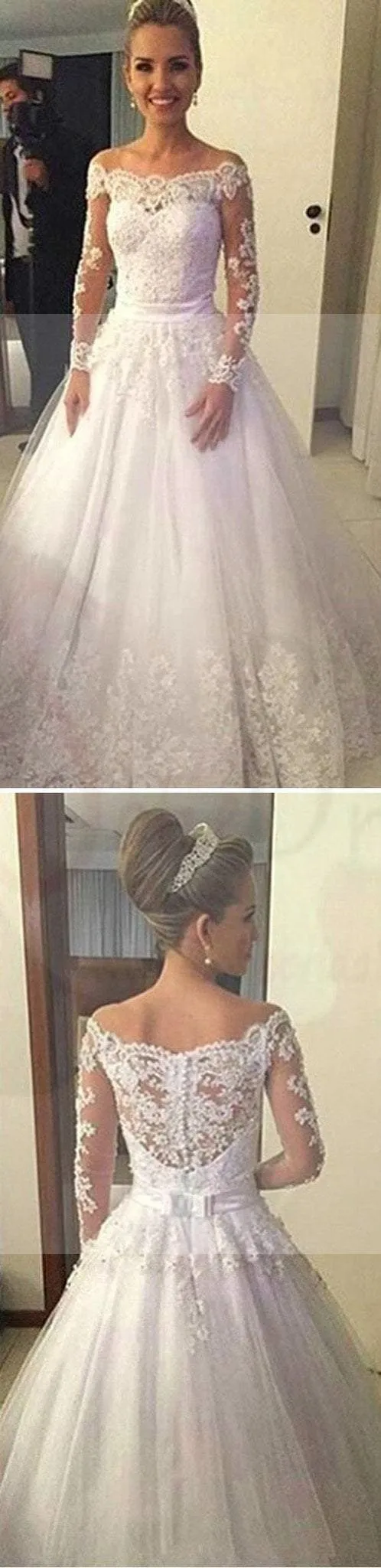 Cheap Vantage Off Shoulder Long Sleeve White Lace Tulle Wedding Party Dresses, WD0015