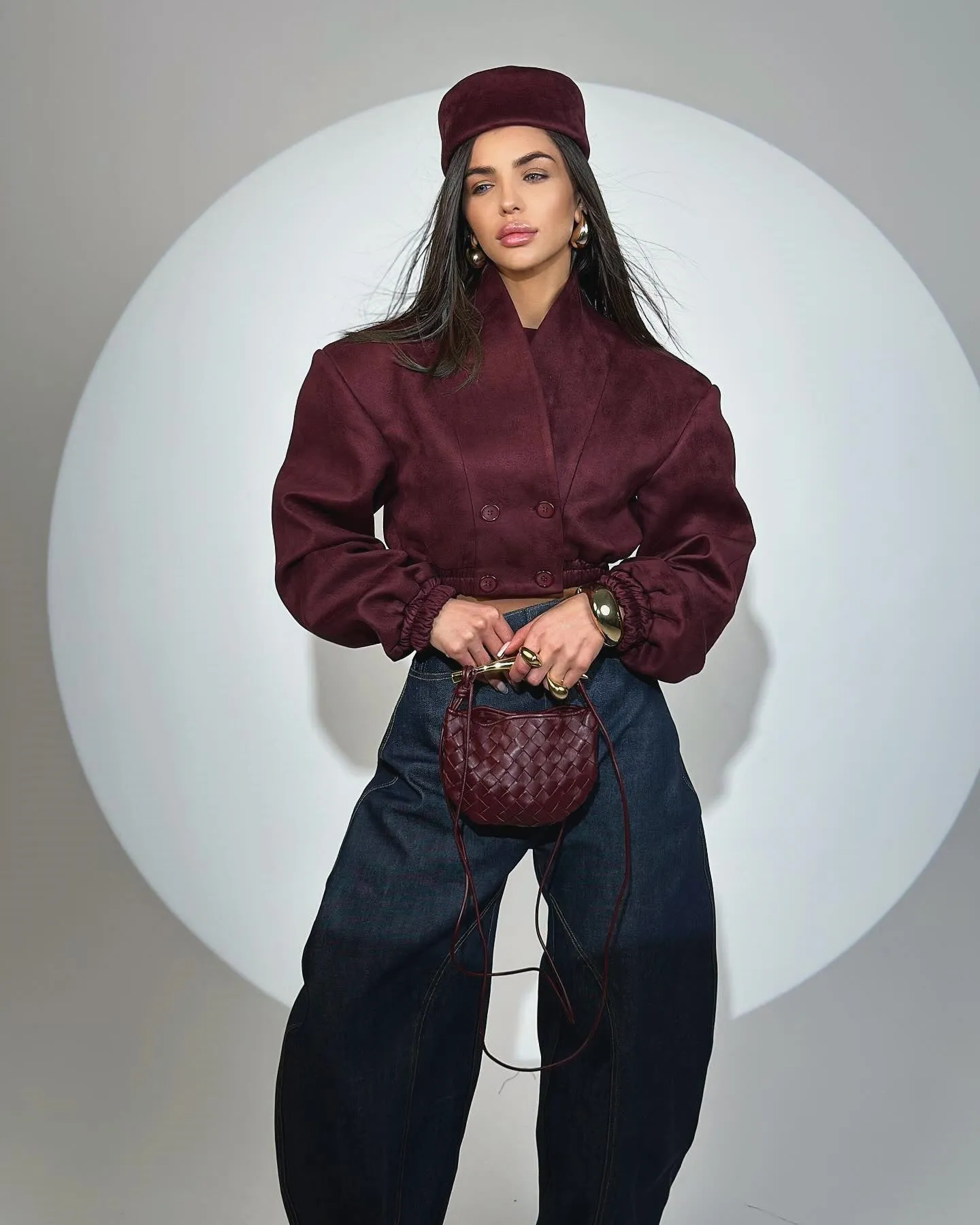 Chic Burgundy V-Neck Long Sleeve Crop Jacket for Spring