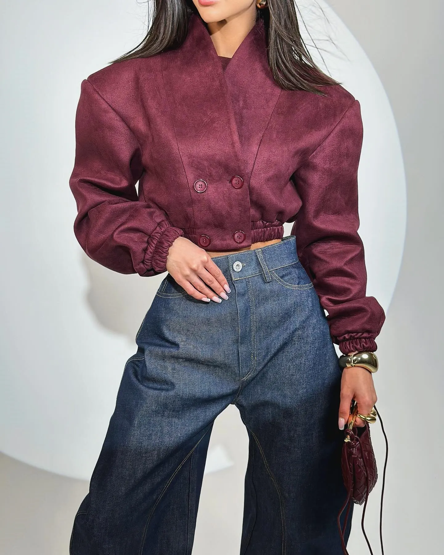 Chic Burgundy V-Neck Long Sleeve Crop Jacket for Spring