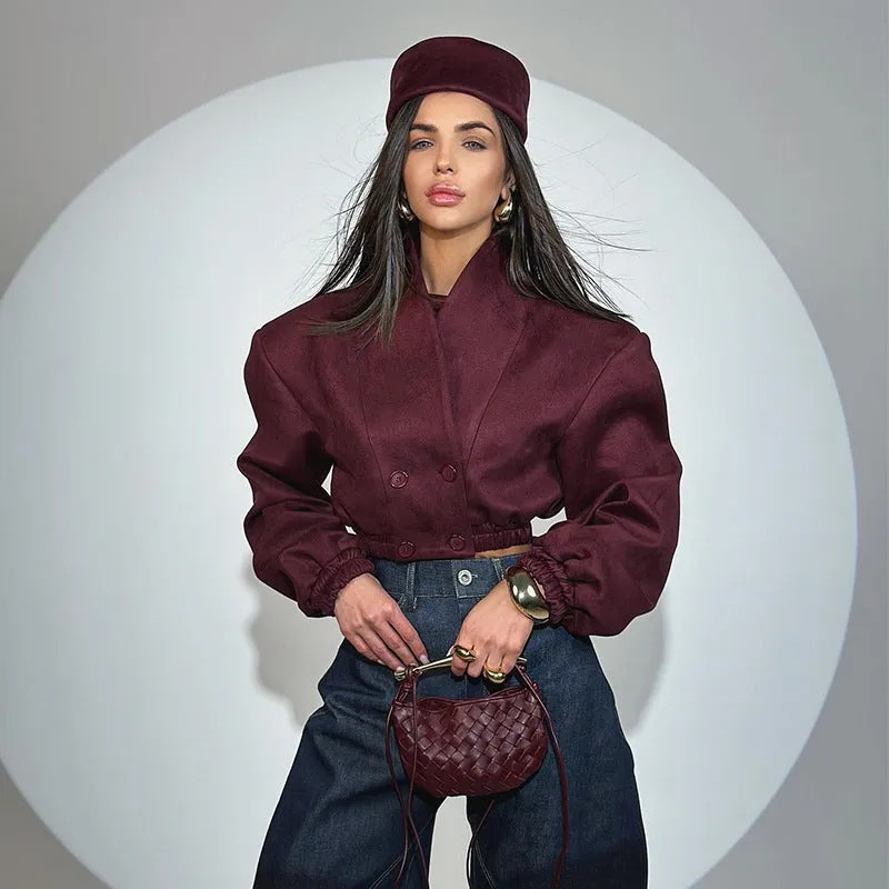 Chic Burgundy V-Neck Long Sleeve Crop Jacket for Spring