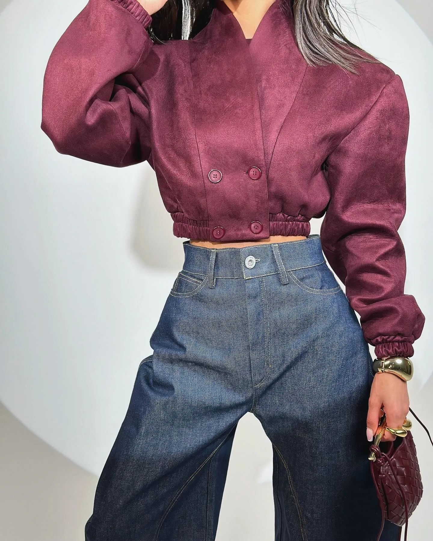 Chic Burgundy V-Neck Long Sleeve Crop Jacket for Spring