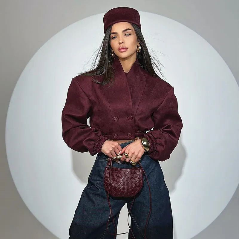 Chic Burgundy V-Neck Long Sleeve Crop Jacket for Spring