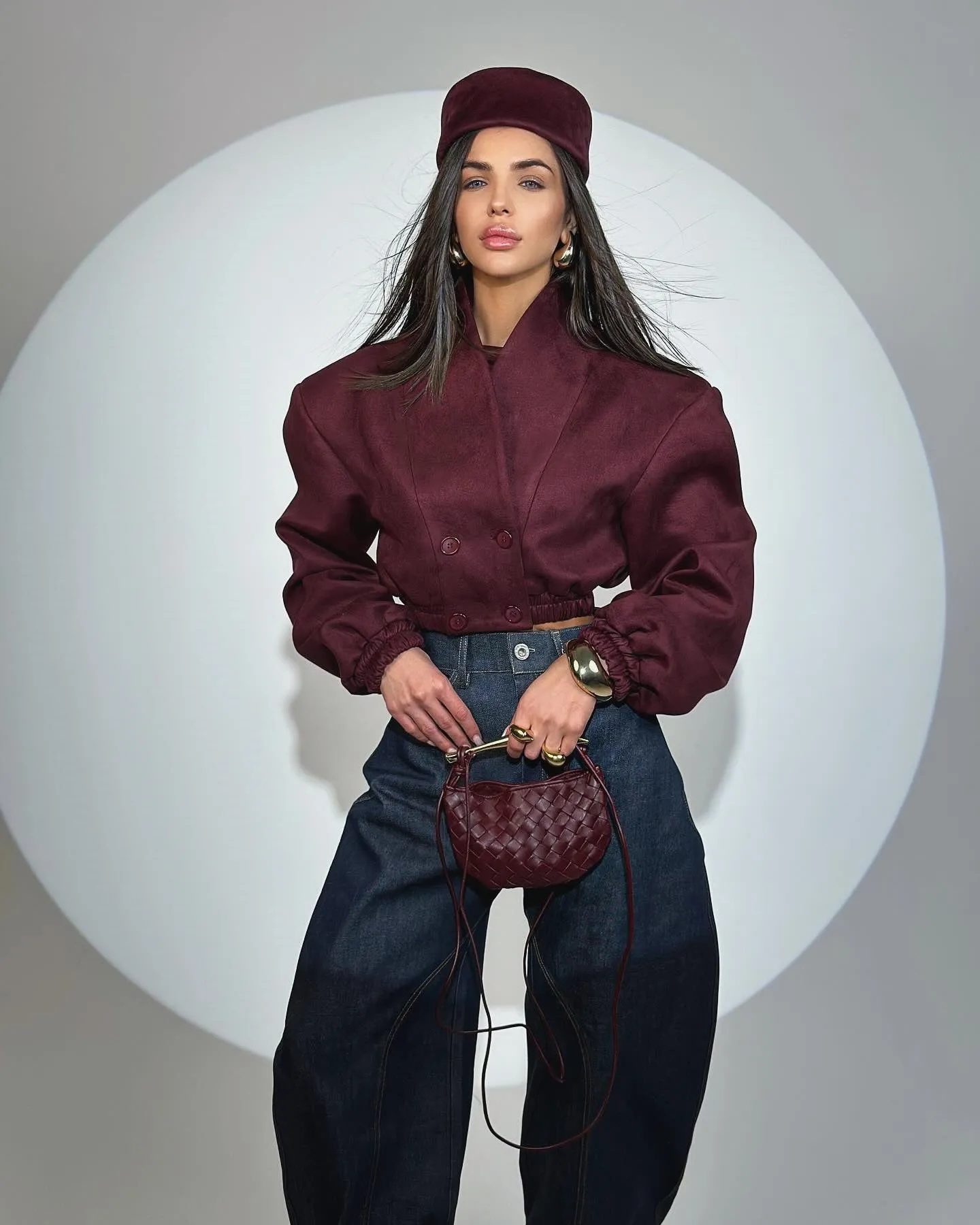 Chic Burgundy V-Neck Long Sleeve Crop Jacket for Spring