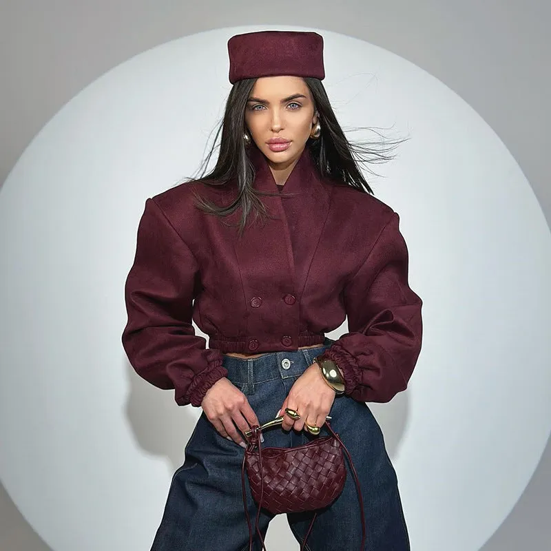 Chic Burgundy V-Neck Long Sleeve Crop Jacket for Spring