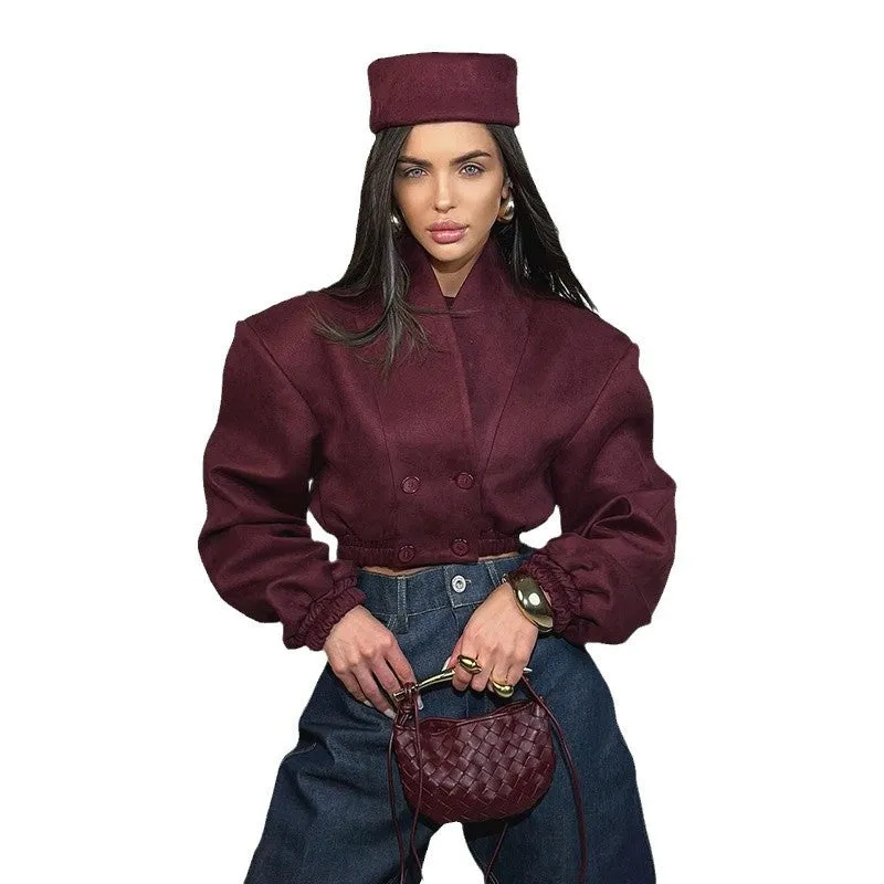 Chic Burgundy V-Neck Long Sleeve Crop Jacket for Spring