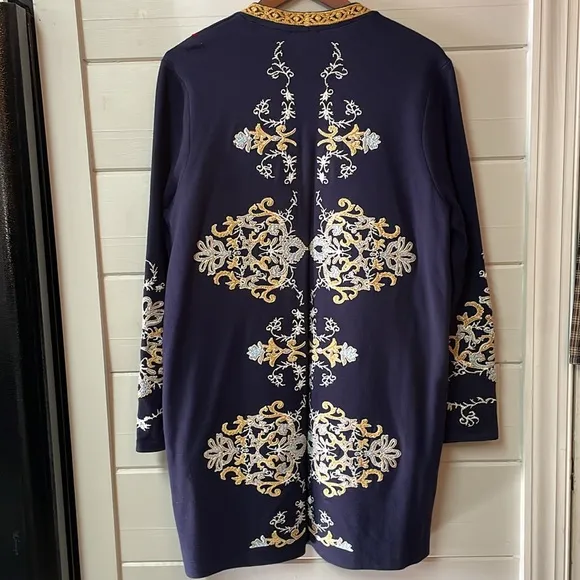 Chico's CardiganBlue Embroidered Heavy Knit Bohemian Classic Size L.