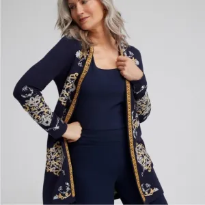 Chico's CardiganBlue Embroidered Heavy Knit Bohemian Classic Size L.