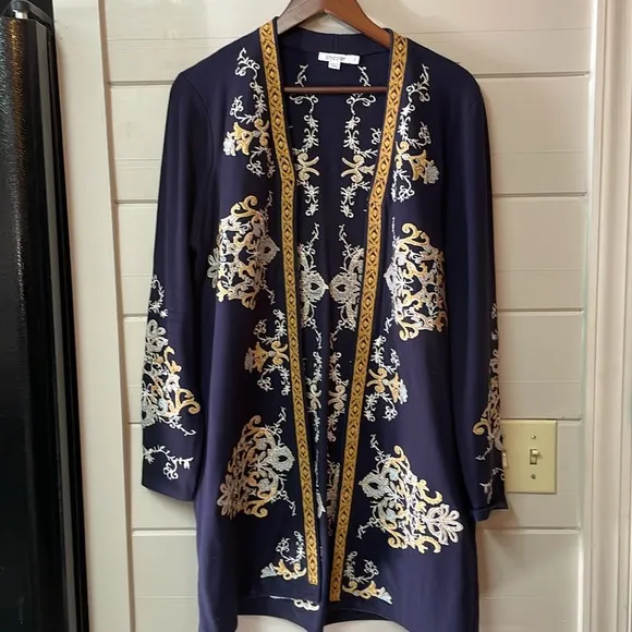 Chico's CardiganBlue Embroidered Heavy Knit Bohemian Classic Size L.