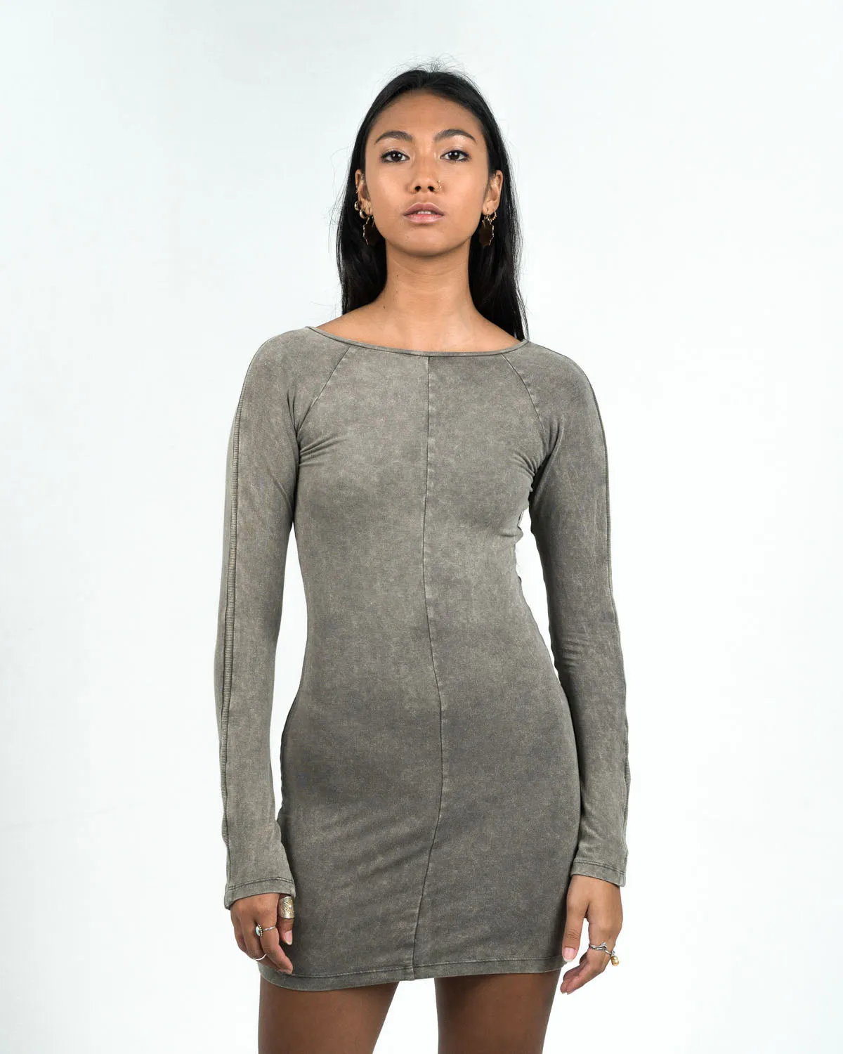 CIRCE Washed Grey Long Sleeve Mini Dress