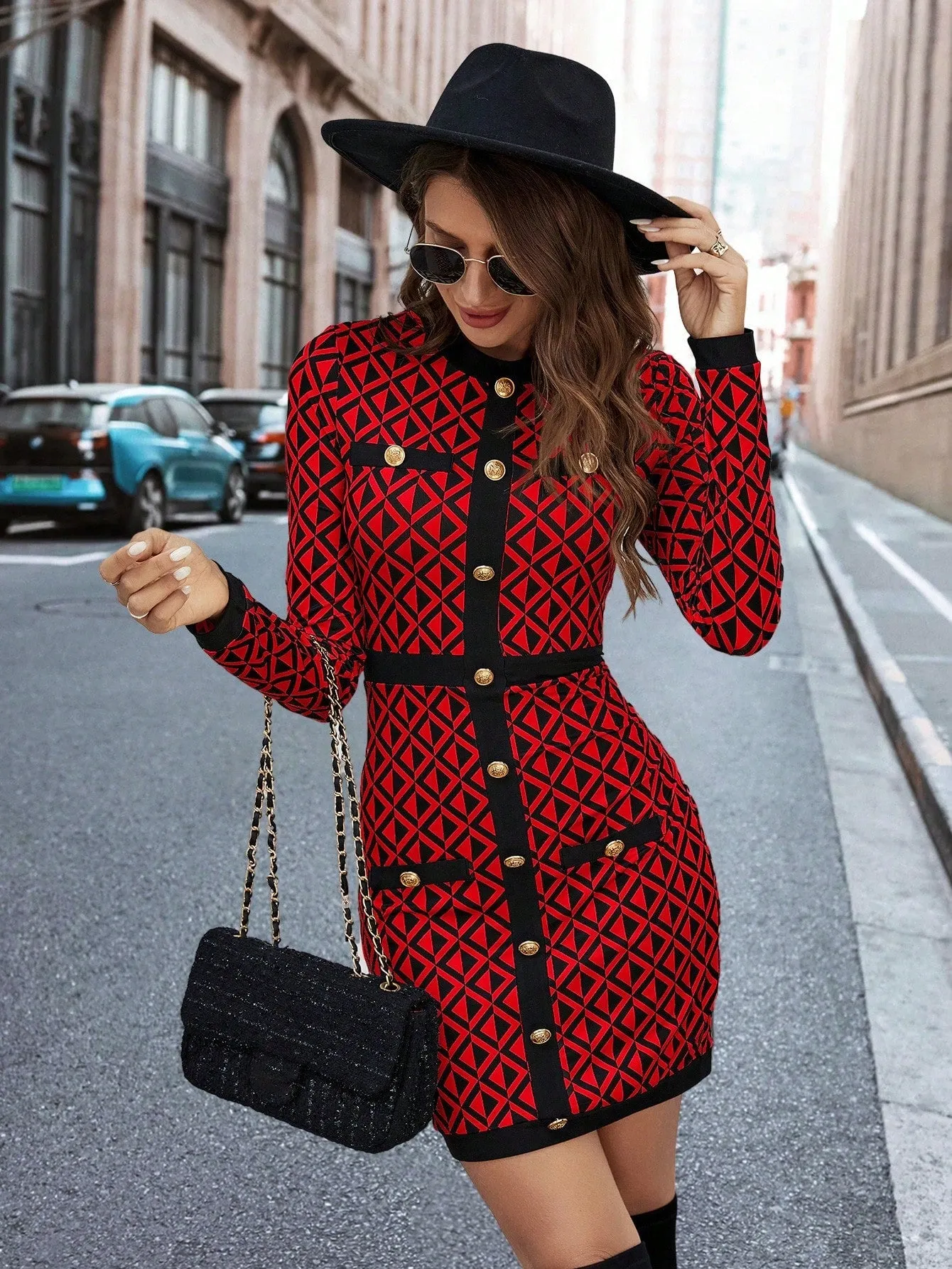 Clasi Women's Geometric Pattern Button Decorated Dress