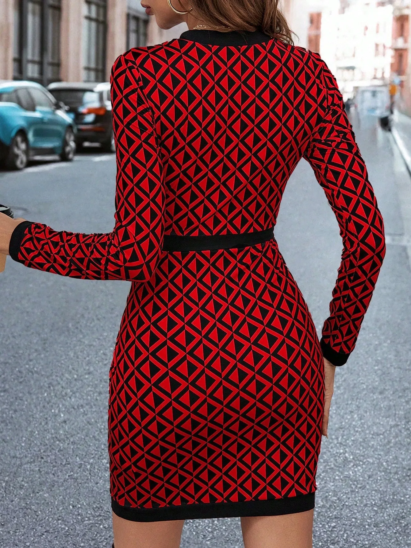 Clasi Women's Geometric Pattern Button Decorated Dress