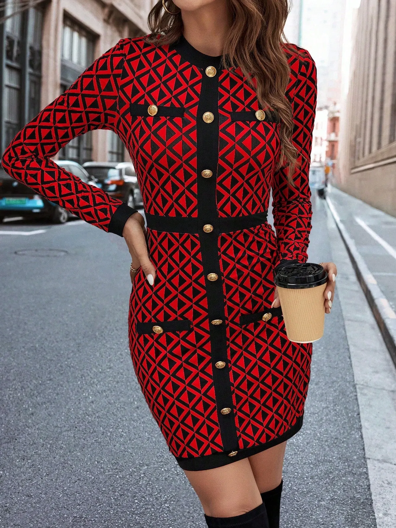 Clasi Women's Geometric Pattern Button Decorated Dress