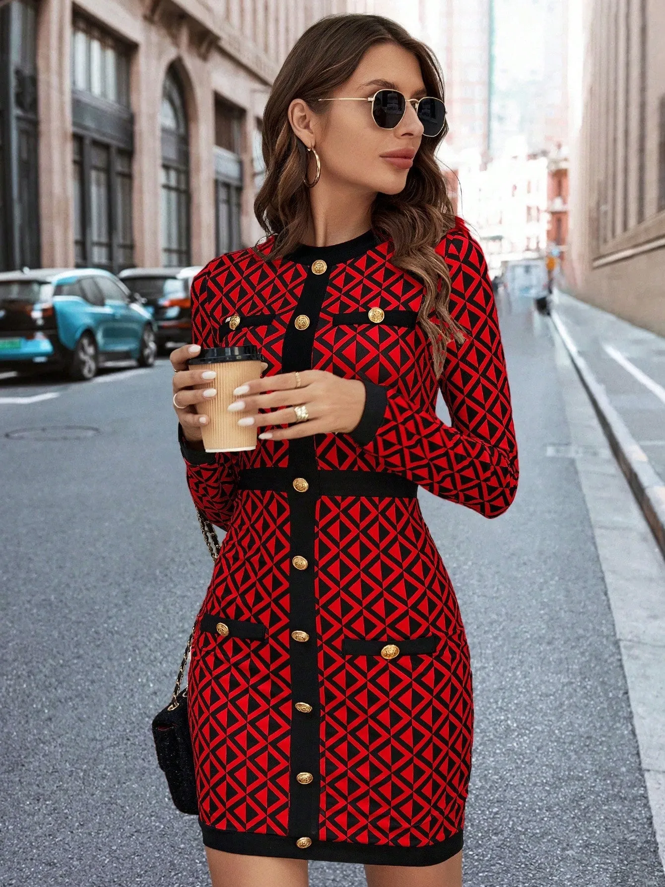 Clasi Women's Geometric Pattern Button Decorated Dress
