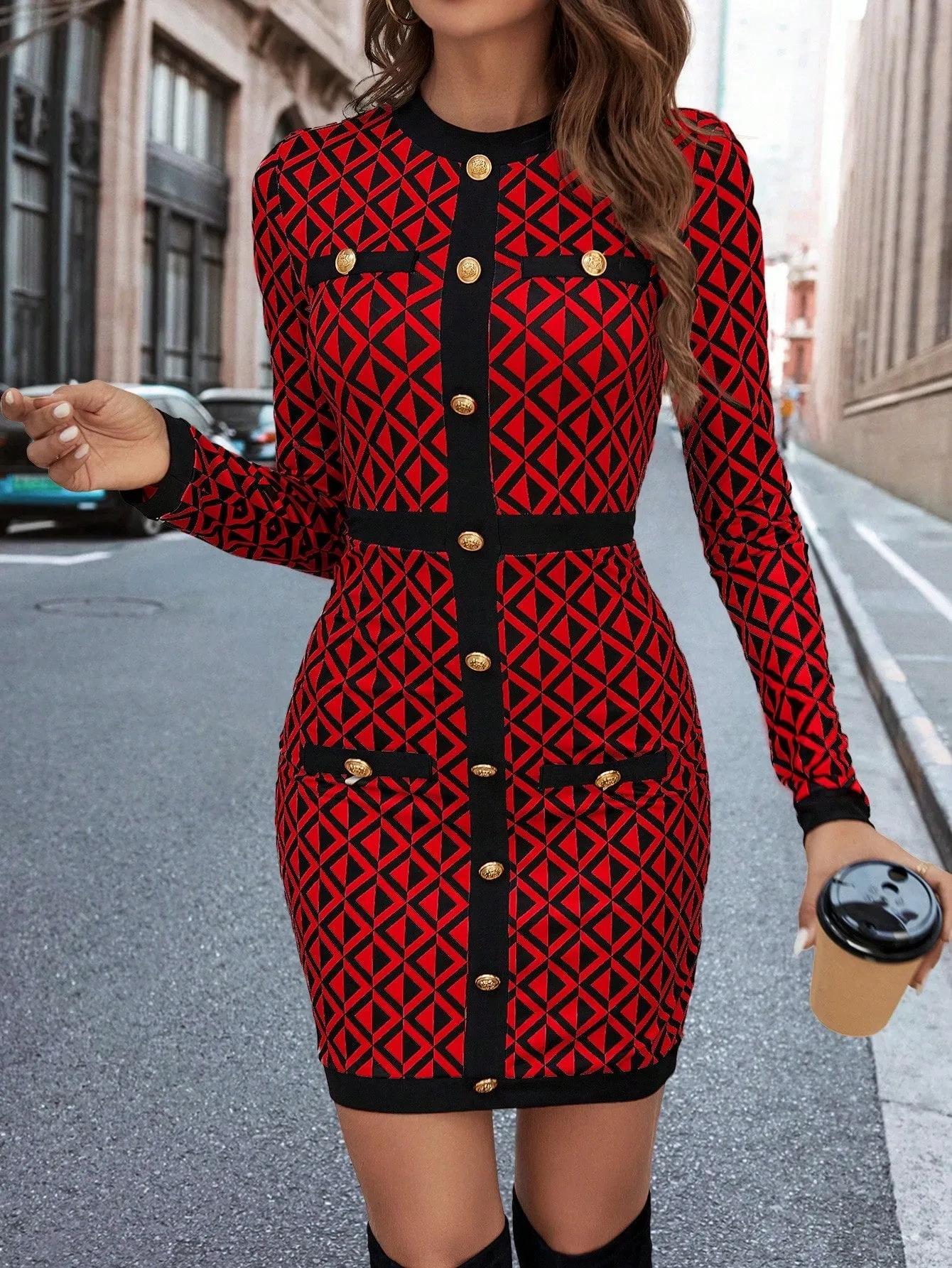 Clasi Women's Geometric Pattern Button Decorated Dress