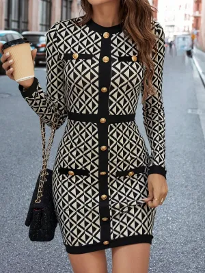Clasi Women's Geometric Pattern Button Decorated Dress