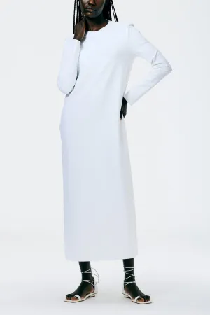 Compact Ultra Stretch Knit Long Sleeve Open Back Dress in White