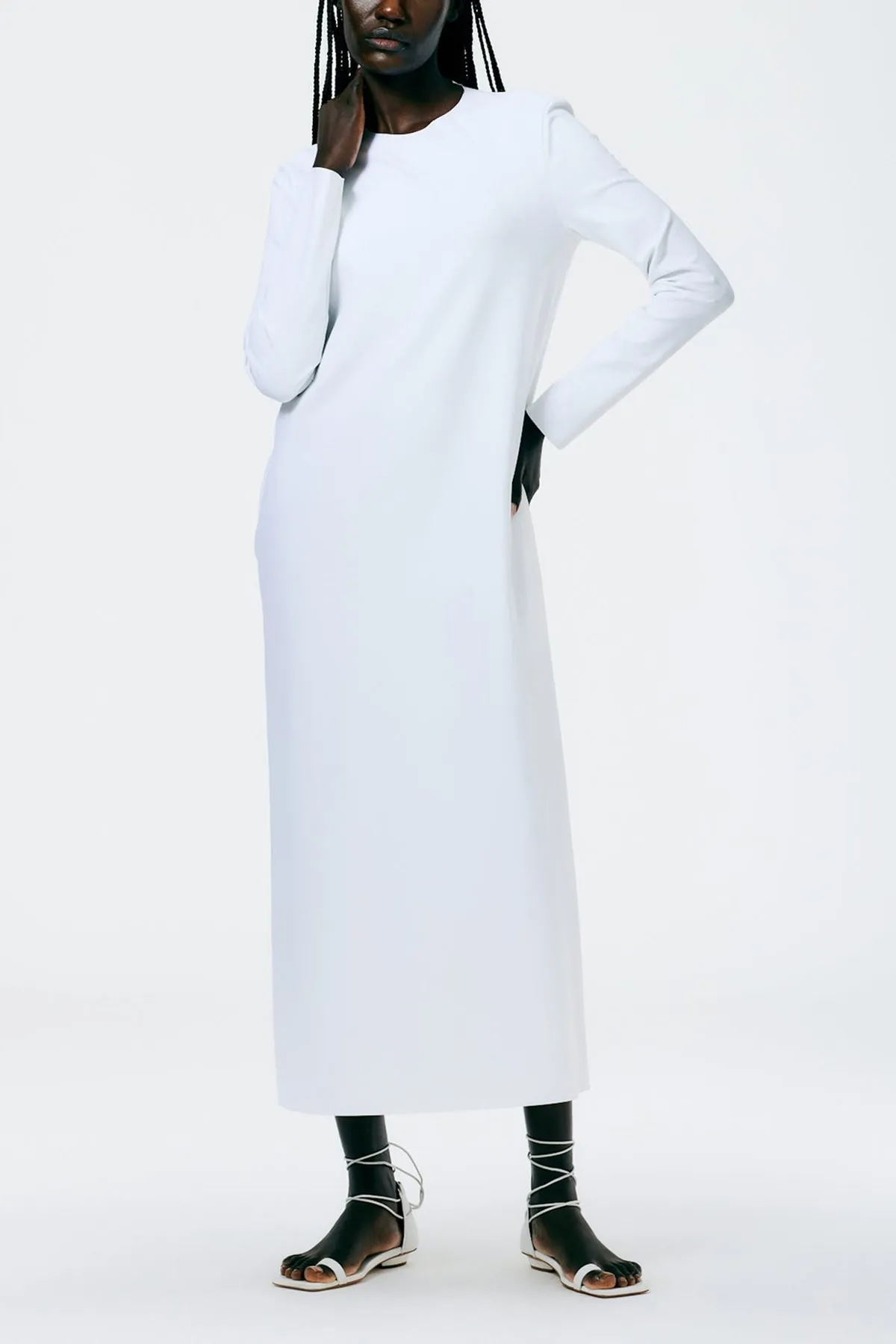 Compact Ultra Stretch Knit Long Sleeve Open Back Dress in White