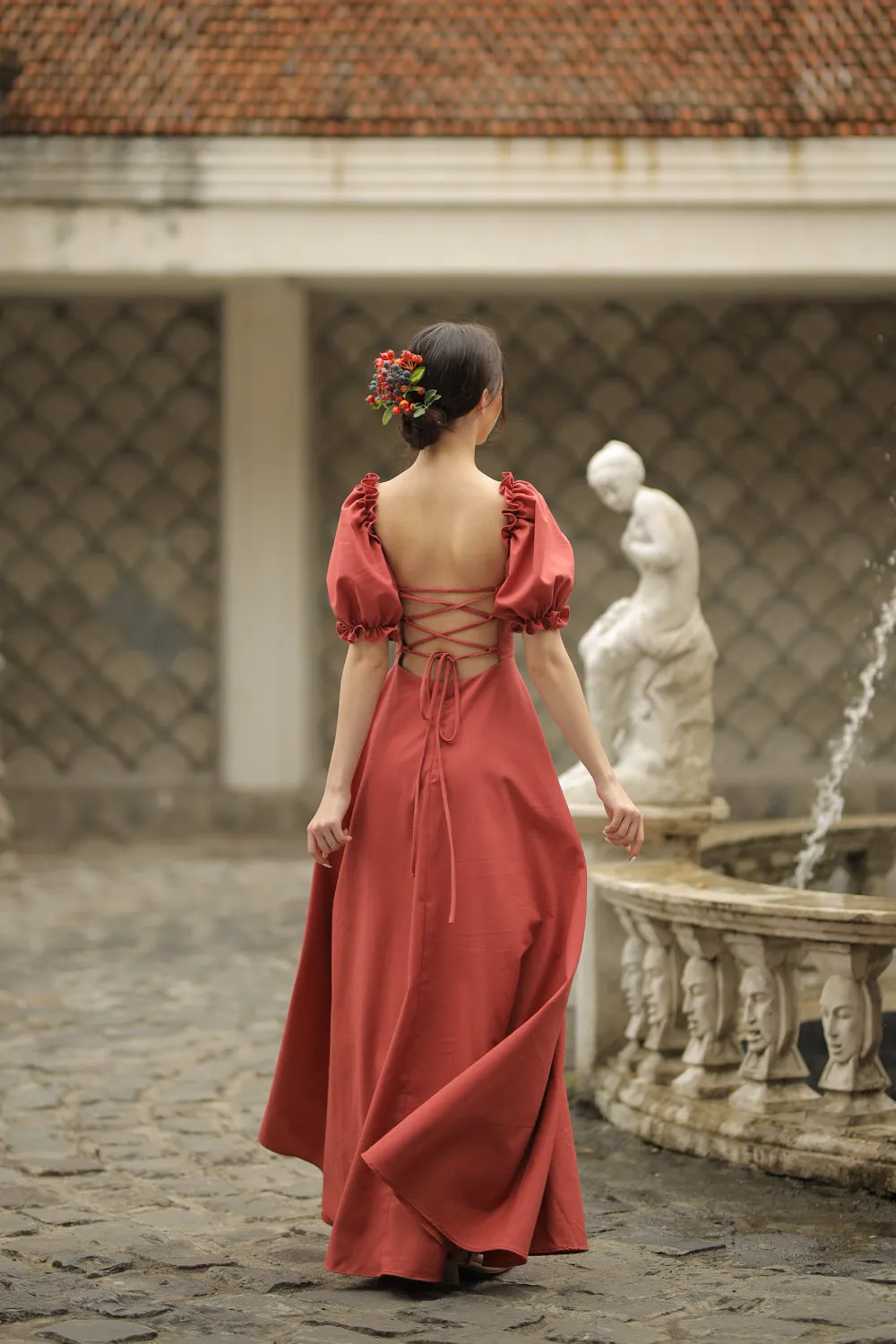 CONCEPCION Puff Sleeve Cross Tie Back Maxi Dress (Rust Linen)