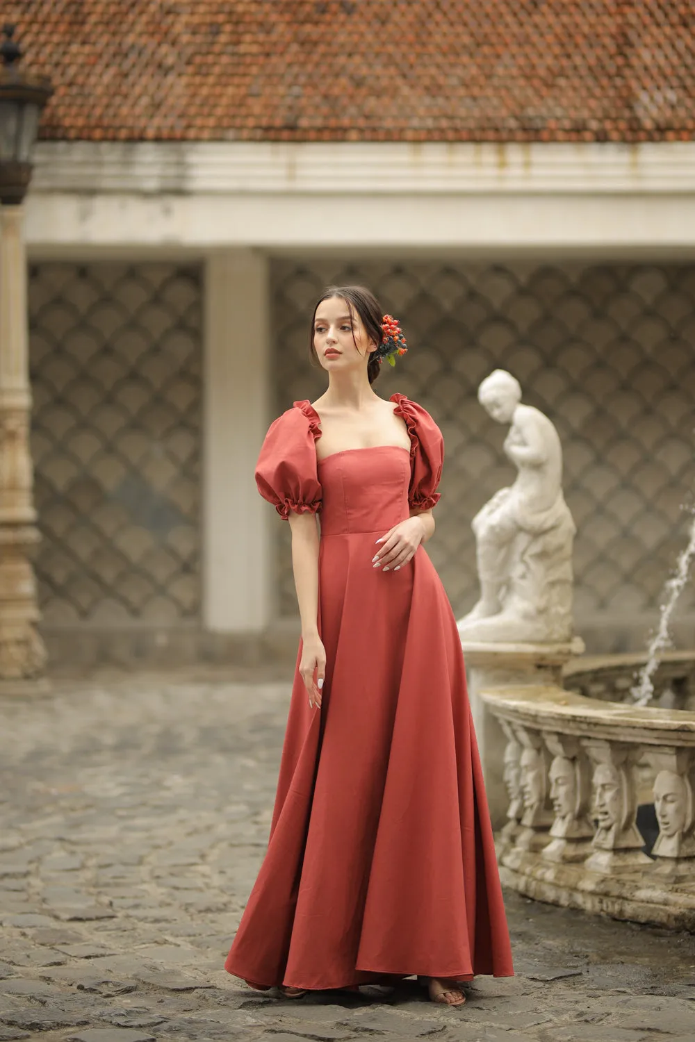 CONCEPCION Puff Sleeve Cross Tie Back Maxi Dress (Rust Linen)