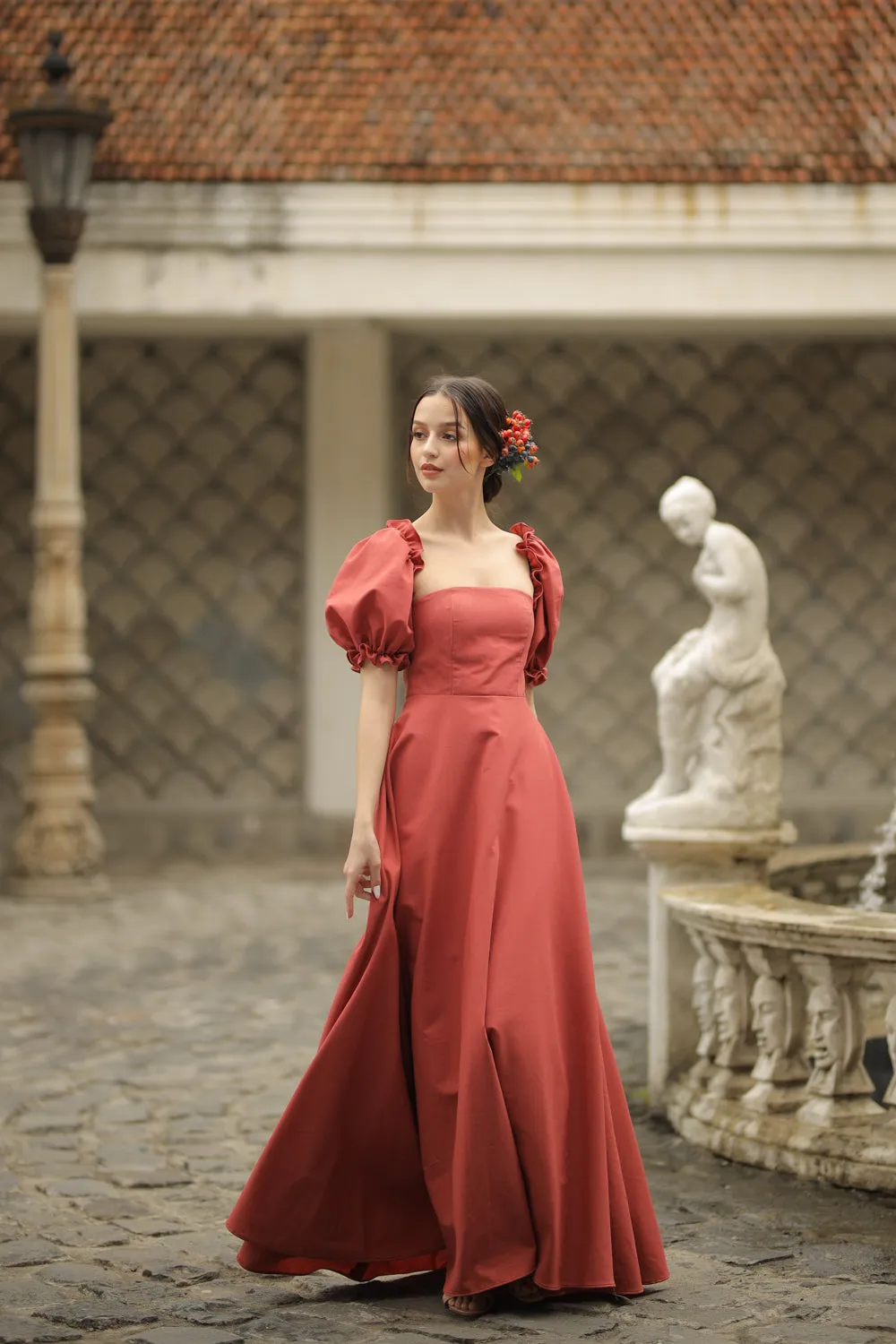 CONCEPCION Puff Sleeve Cross Tie Back Maxi Dress (Rust Linen)