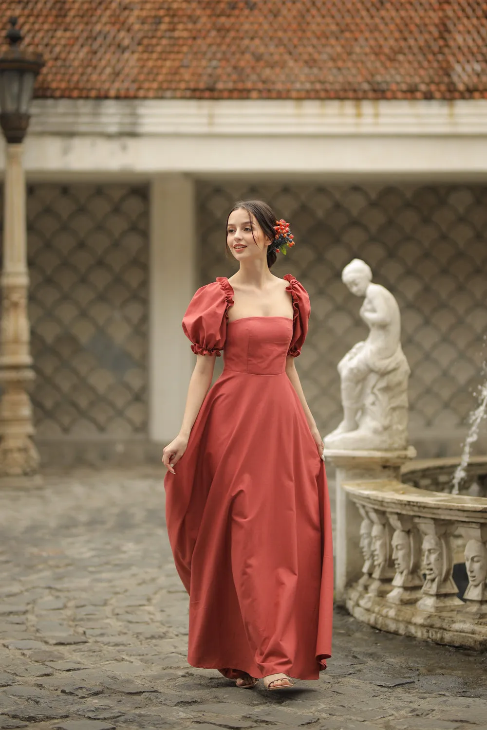 CONCEPCION Puff Sleeve Cross Tie Back Maxi Dress (Rust Linen)