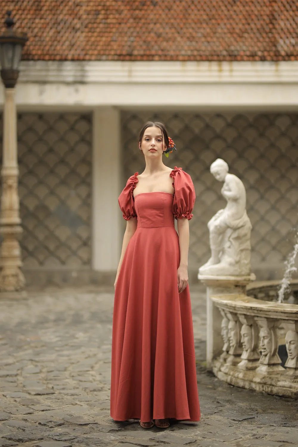 CONCEPCION Puff Sleeve Cross Tie Back Maxi Dress (Rust Linen)