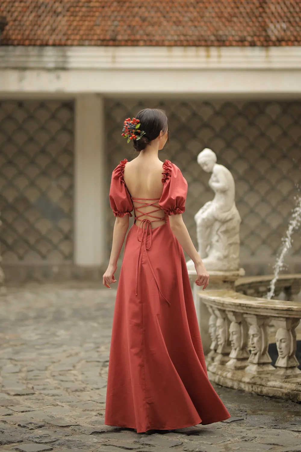 CONCEPCION Puff Sleeve Cross Tie Back Maxi Dress (Rust Linen)