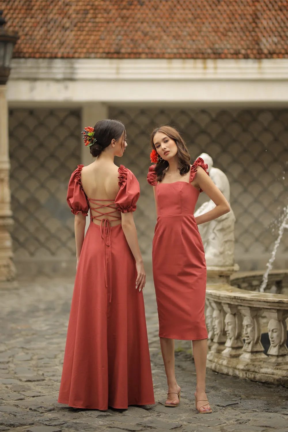 CONCEPCION Puff Sleeve Cross Tie Back Maxi Dress (Rust Linen)