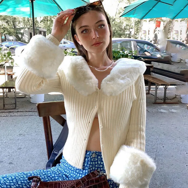 Cozy Ribbed Knit Cardigan with Faux Fur Collar and Cuffs