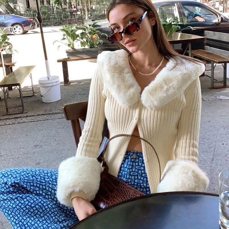 Cozy Ribbed Knit Cardigan with Faux Fur Collar and Cuffs