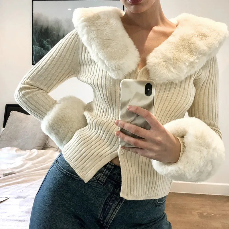 Cozy Ribbed Knit Cardigan with Faux Fur Collar and Cuffs