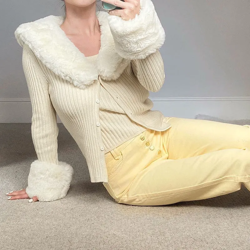 Cozy Ribbed Knit Cardigan with Faux Fur Collar and Cuffs