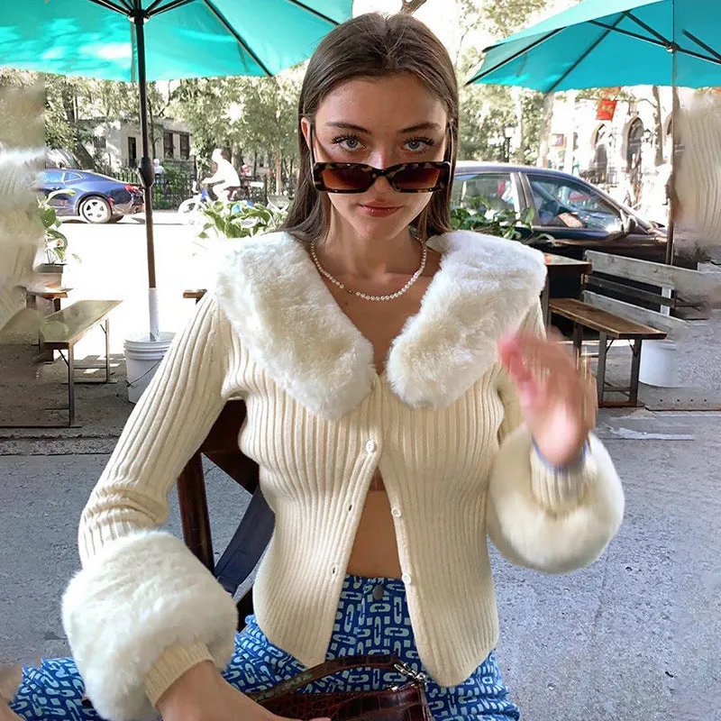 Cozy Ribbed Knit Cardigan with Faux Fur Collar and Cuffs
