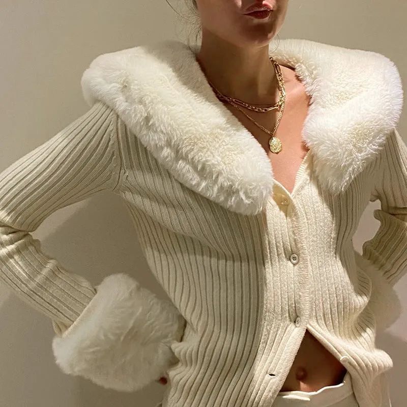 Cozy Ribbed Knit Cardigan with Faux Fur Collar and Cuffs