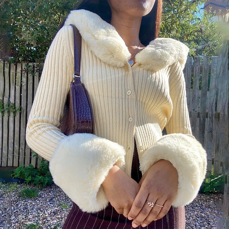 Cozy Ribbed Knit Cardigan with Faux Fur Collar and Cuffs
