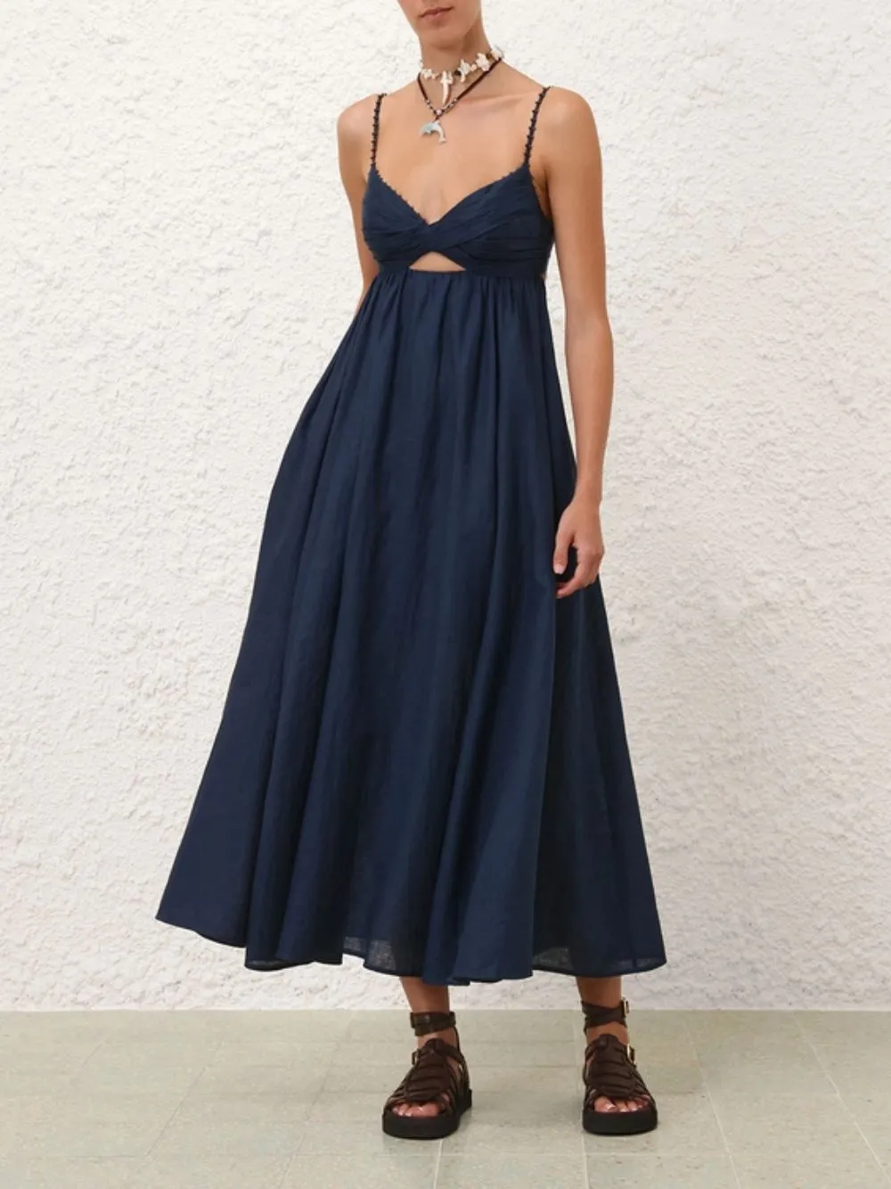 Dark Blue Ascension Twist Front Linen Dress
