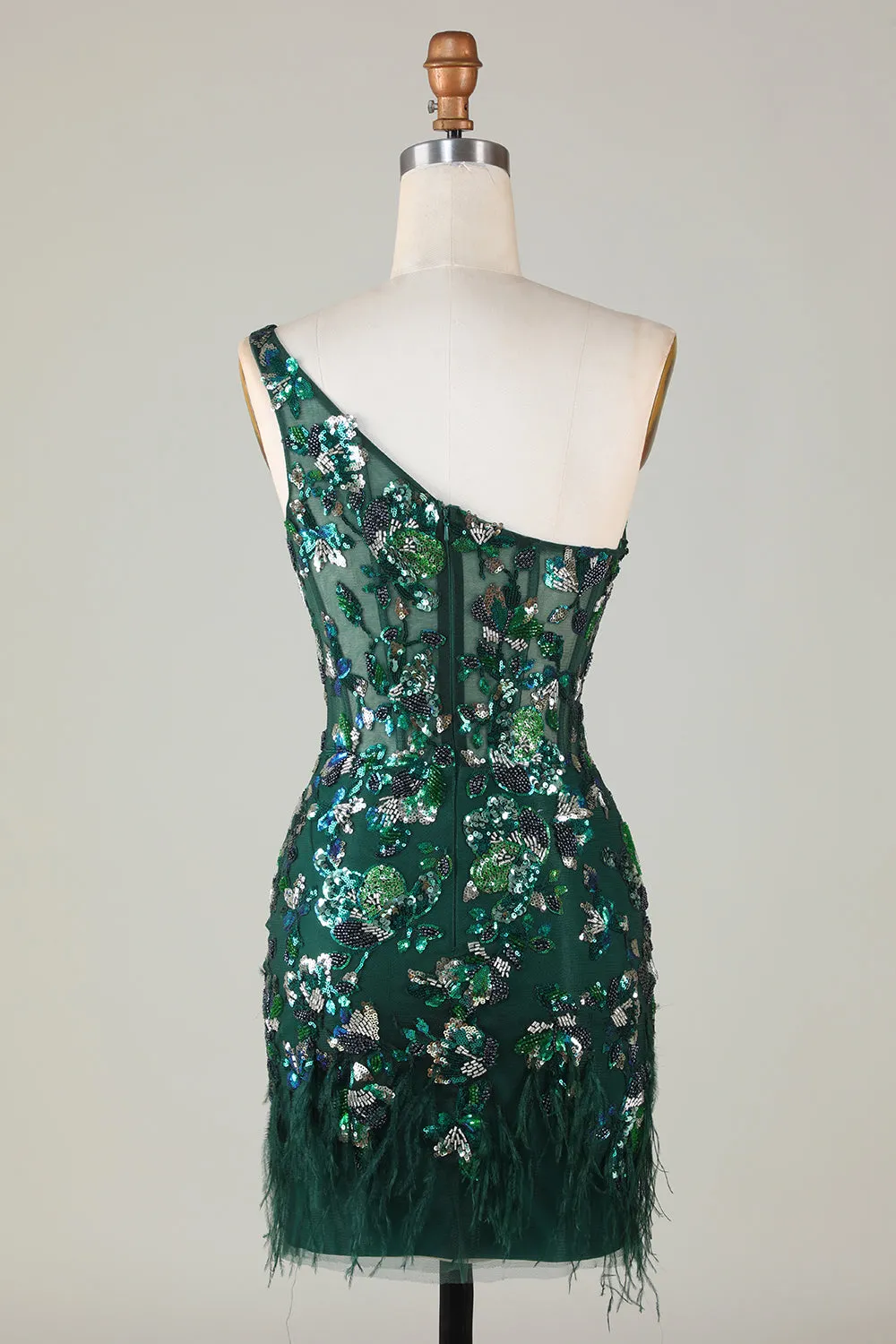Dark Green Sheath One Shoulder Sequins Short Homecoming Dress with Feather